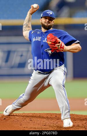 March 19, 2023, St. Petersburg, FL USA; Toronto Blue Jays starting pitcher Alek Manoah (6) delivers a pitch during an MLB spring training game against Stock Photo