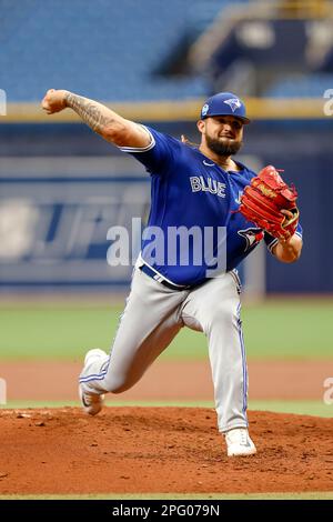 March 19, 2023, St. Petersburg, FL USA; Toronto Blue Jays starting pitcher Alek Manoah (6) delivers a pitch during an MLB spring training game against Stock Photo