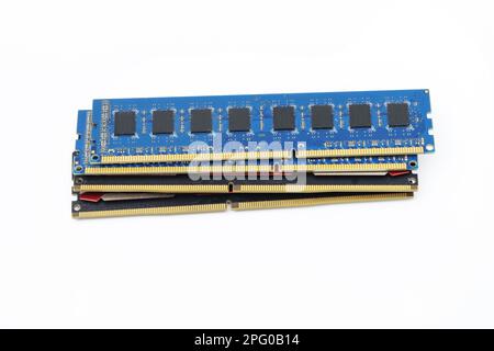 Various ddr4 ram memory modules and ddr3 memory without diffusers on a smooth white surface Stock Photo