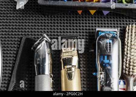 Blades, brushes and hair clippers of various models Stock Photo