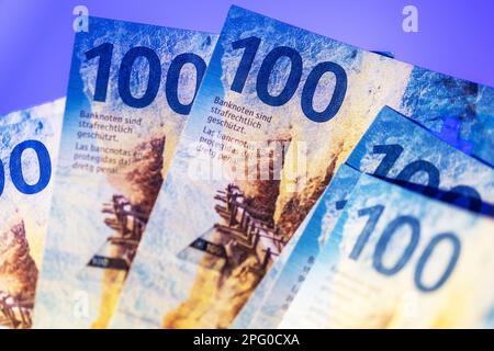 Few One Hundred Swiss Franc Banknotes Close Up Photo. Stock Photo