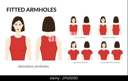 Set of Fitted armhole short length standard, sleeveless, curved raglan sleeves clothes technical fashion illustration with fitted body. Flat apparel template front, back side. Women, men unisex CAD Stock Vector