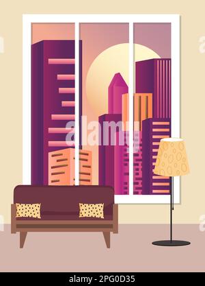 View from the window on the city landscape. Night city outside the window - skyscrapers, moon and dark sky. Stock Vector