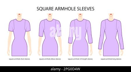 Set of Square armhole sleeves clothes - long, short, 3-4, elow length technical fashion illustration with fitted body. Flat apparel template front side. Women, men unisex CAD mockup Stock Vector