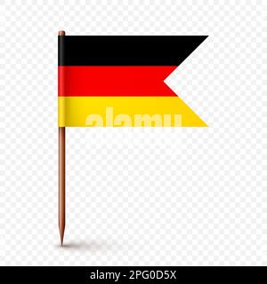 Realistic German toothpick flag. Souvenir from Germany. Wooden toothpick with paper flag. Location mark, map pointer. Blank mockup for advertising and Stock Vector