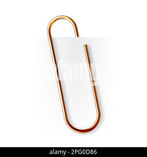 Realistic copper paperclip attached to paper isolated on white ...
