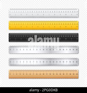 Realistic various metal and plastic rulers with measurement scale and divisions, measure marks. School ruler, centimeter and inch scale for length Stock Vector