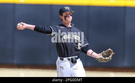 March 24, 2023: Wake Forest University junior Justin Johnson (6) runs to  first. Wake Forest won 11-0 against.University of Miami. NCAA baseball game  between University of Miami and Wake Forest University at