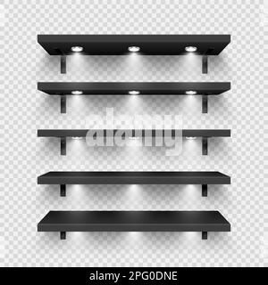 Realistic black store shelves with wall mount and lighting, spotlights. Empty product shelf, grocery wall rack. Mall and supermarket furniture Stock Vector