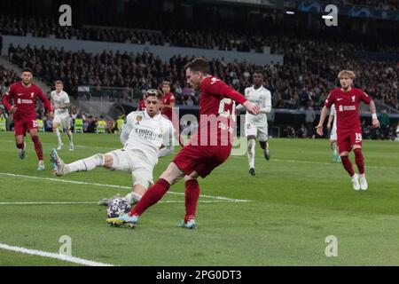 Madrid, Madrid, Spain. 15th Mar, 2023. Diogo Jota (R) shoot to goal.during Real Madrid vs Liverpool - 8th Champions League 2023 at Santiago Bernabeu Stadium. Real Madrid wins 1-0. (Credit Image: © Jorge Gonzalez/Pacific Press via ZUMA Press Wire) EDITORIAL USAGE ONLY! Not for Commercial USAGE! Stock Photo