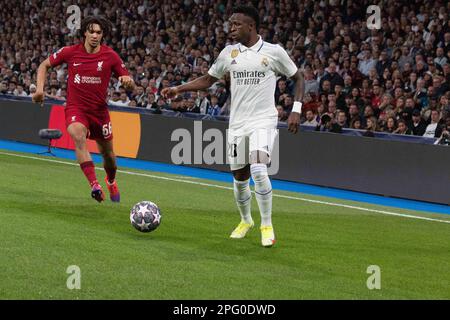 Madrid, Madrid, Spain. 15th Mar, 2023. Trent Alexander Arnold (L) and Vinicius Junior (R).during Real Madrid vs Liverpool - 8th Champions League 2023 at Santiago Bernabeu Stadium. Real Madrid wins 1-0. (Credit Image: © Jorge Gonzalez/Pacific Press via ZUMA Press Wire) EDITORIAL USAGE ONLY! Not for Commercial USAGE! Stock Photo