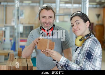 wood industry technicians working together on project Stock Photo