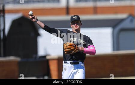 March 24, 2023: Wake Forest University junior Justin Johnson (6) runs to  first. Wake Forest won 11-0 against.University of Miami. NCAA baseball game  between University of Miami and Wake Forest University at