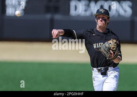 March 24, 2023: Wake Forest University junior Justin Johnson (6) runs to  first. Wake Forest won 11-0 against.University of Miami. NCAA baseball game  between University of Miami and Wake Forest University at