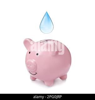 Water scarcity concept. Piggy bank, tap and coins isolated on white ...