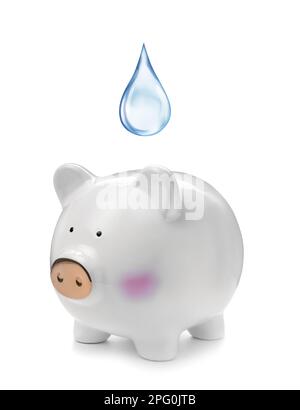 Water scarcity concept. Piggy bank, tap and glass on white background ...