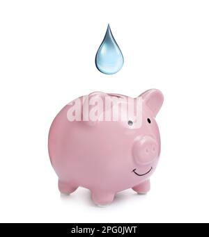 Water scarcity concept. Piggy bank, tap and glass on white background ...