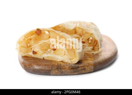 Delicious apple strudel with almonds and powdered sugar isolated on white Stock Photo