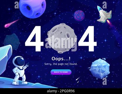 Space page 404, error for web resource not found with shuttle in outer Universe, astronaut and moon. Operation system maintenance, update or connectio Stock Vector