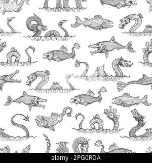 Ancient sea serpent, dragon and leviathan animals seamless pattern, vector background. Sea fish monsters and fantastic ocean creatures in vintage line Stock Vector