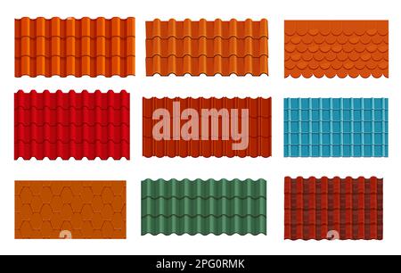 Roof tiles texture backgrounds and seamless patterns, vector house rooftops. Orange, red, green and blue roof top tiles of clay shingle, home rooftop Stock Vector