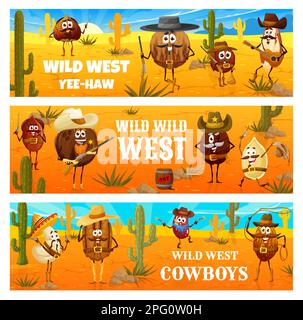 Wild west. Cartoon cowboy, bandit and ranger nut characters. Hazelnut, walnut and macadamia, peanut, coconut and coffee bean, cashew, pecan and walnut Stock Vector
