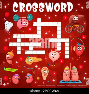 Crossword grid cartoon human organ characters, quiz game. Find a word vector worksheet with kidneys, liver, stomach, bladder and lungs. Heart, tooth, Stock Vector