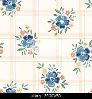 Delicate Chintz Romantic Meadow Wild Flowers and Plaid Checks Vector Seamless Pattern Stock Vector