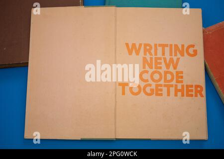 Old Coding Writing Computer Programmer word in opened book with vintage, natural patterns ...