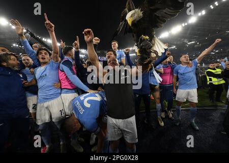 Rome, Italy. 19th Mar, 2023. Lazio's players celebrate after a Serie A football match between Lazio and Roma in Rome, Italy, March 19, 2023. Credit: Augusto Casasoli/Xinhua/Alamy Live News Stock Photo