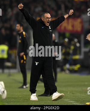 Rome, Italy. 19th Mar, 2023. Lazio's head coach Maurizio Sarri gestures during a Serie A football match between Lazio and Roma in Rome, Italy, March 19, 2023. Credit: Augusto Casasoli/Xinhua/Alamy Live News Stock Photo