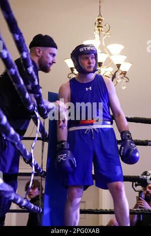 March 18 2023, Marconi Club, London Ontario Canada. Tamar Aliwi (Red) Vs Marc Cator(Blue) at the St Paddy's day Here comes the boom event. Luke Durda/Alamy Stock Photo