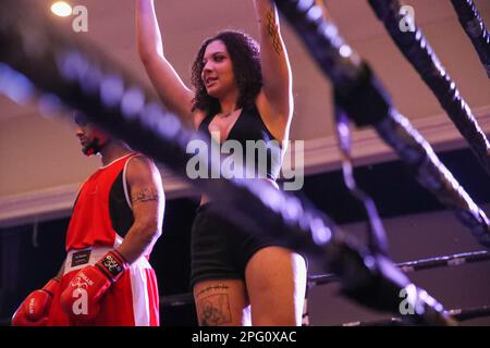 March 18 2023, Marconi Club, London Ontario Canada. Ring card girl at the St Paddy's day Here comes the boom event. Luke Durda/Alamy Stock Photo