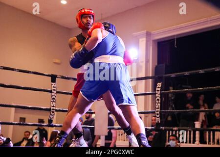 March 18 2023, Marconi Club, London Ontario Canada. Marc Caumeran(Red) Vs Yousef houssein(Blue) at the St Paddy's day Here comes the boom event. Luke Durda/Alamy Stock Photo