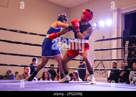 March 18 2023, Marconi Club, London Ontario Canada. Marc Caumeran(Red) Vs Yousef houssein(Blue) at the St Paddy's day Here comes the boom event. Luke Durda/Alamy Stock Photo