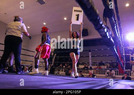 March 18 2023, Marconi Club, London Ontario Canada. Ring card girl at the St Paddy's day Here comes the boom event. Luke Durda/Alamy Stock Photo