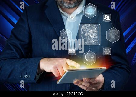 Artificial intelligence, AI chat bot concept. Businessman hands using tablet. ai chatbot infographic Stock Photo