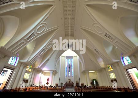 Interior of Katedral Hati Tersuci Maria (Cathedral of the Most Sacred Heart of Mary), a Roman-Catholic cathedral that is beautifully architected and is located in Manado, North Sulawesi, Indonesia. Stock Photo