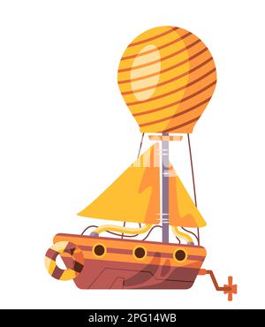 Flying balloon ship boat sailing steam punk mechanical machinery detailed with pipe retro fantasy technology Stock Vector