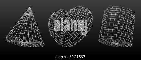 3d wireframe geometric shapes. Abstract geometry objects from line grid. Polygonal figures of heart, cone and cylinder in perspective view, vector outline illustration Stock Vector