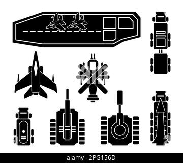 war machine vehicle vector set collection black color from airplane helicopter tanks and aircrafy carrier Stock Vector