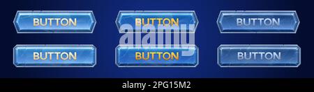 Medieval ui game scratched button with silver frame. Fantasy rpg title sign design on dark background. Isolated 3d royal interface banner element assets. Ancient cracked blue bar icon Stock Vector