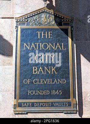 The National City Bank of Cleveland Founded 1845 wall sign outside the building of the same name in downtown Cleveland, Ohio on February 21, 2023. Stock Photo