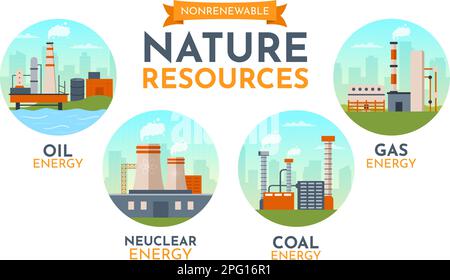 Non Renewable Sources of Energy Illustration with Nuclear, Petroleum, Oil, Natural Gas or Coal Fuels in Flat Cartoon Hand Drawn Templates Stock Vector