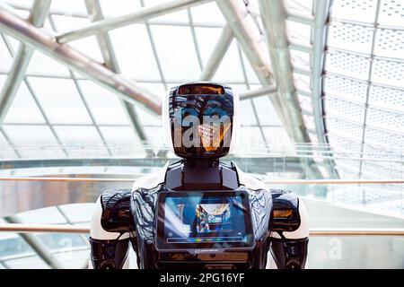 promobot robot portrait close-up. smiling face of robot. Autonomous personal assistant robot for navigation direction in Museum Energy of Future. Asta Stock Photo