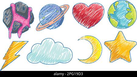 Weather icons in Pencil Colour Sketch Simple Style illustration Stock Vector