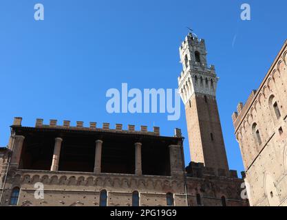 Tower called Del Mangia in  Siena City in Tuscany in Italy Stock Photo