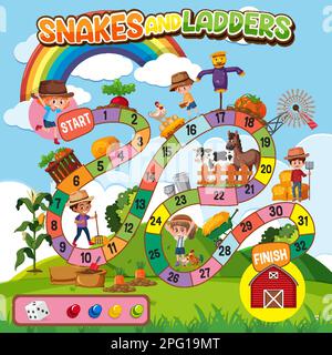 Snakes and ladders game template illustration Stock Vector