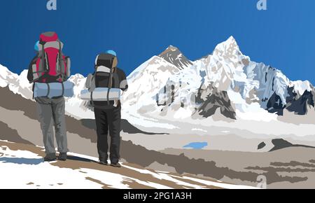 mount Everest and Nuptse from Nepal side as seen from Kala Patthar peak and two tourists with big backpacks, vector illustration, Nepal Himalaya mount Stock Vector