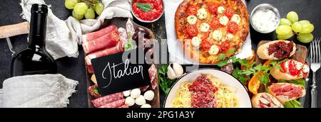 Italian food dishes on dark background. Traditional italian cuisine  concept. Dishes and appetizers of indeed cuisine. Mideterranean diet food high in Stock Photo